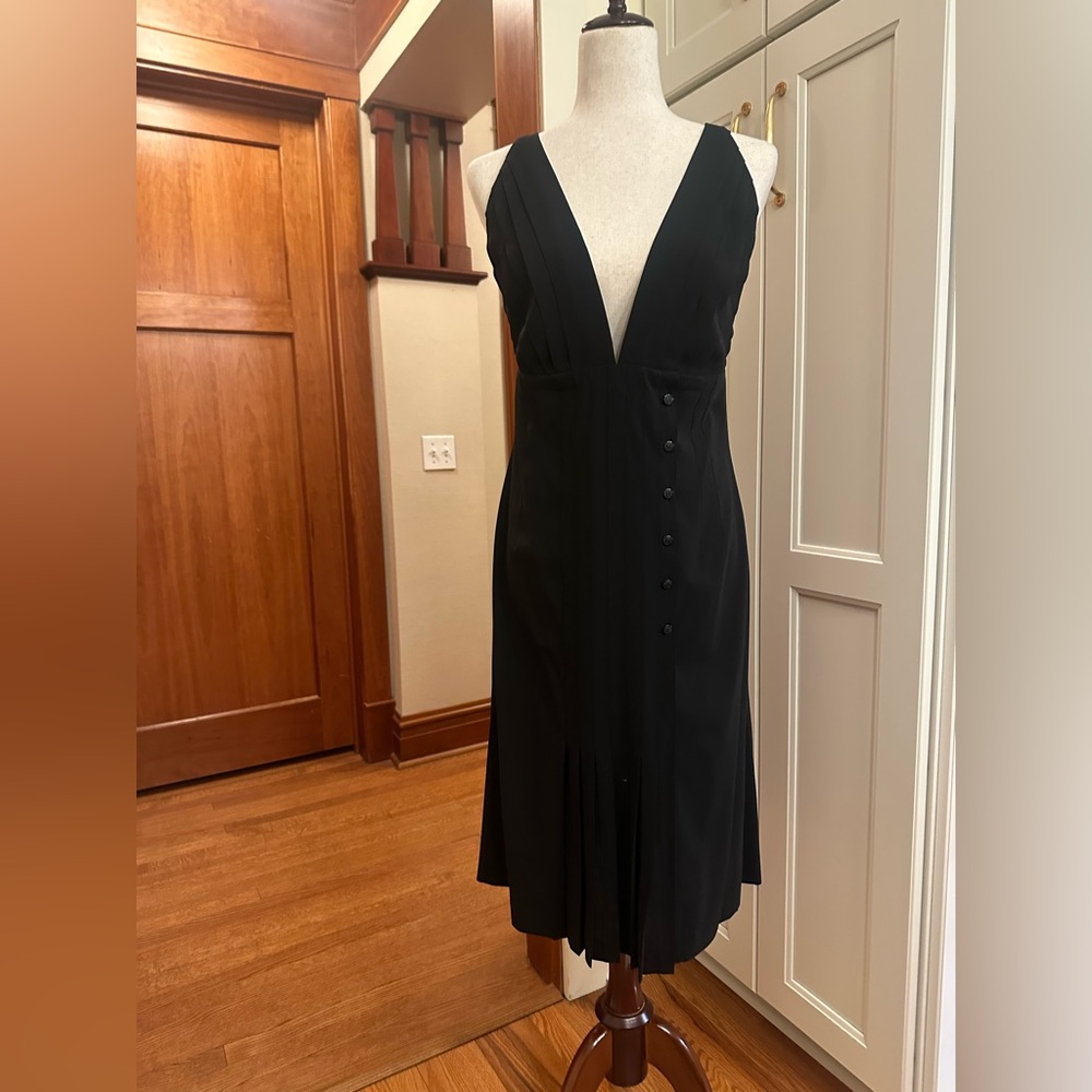 Pre-Loved CHANEL Black Pleated V‑Neck Button-Front Midi Dress
